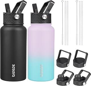 BJPKPK 2 Pack 27oz Insulated Water Bottles with Straw Lids, Stainless Steel | 6 Leak Proof Lids Included, BPA-Free Vacuum Insulated Metal Bottle, Keeps Drinks Cold & Hot for Travel, Gym, Office & Sports