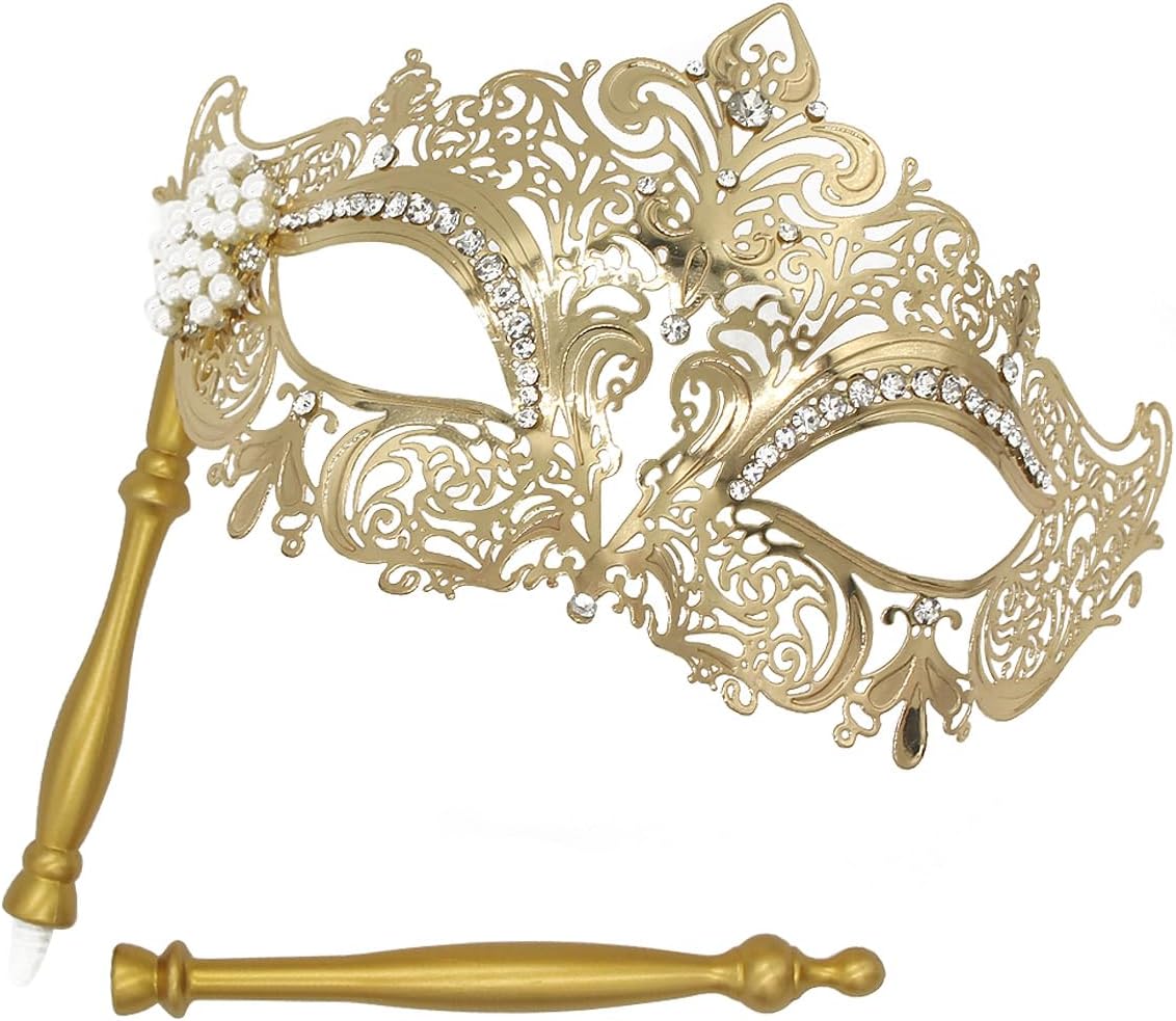Venetian Metal Masks for Womens,Masquerade Mask with Stick,Mardi Gras Cosplay Party Mask