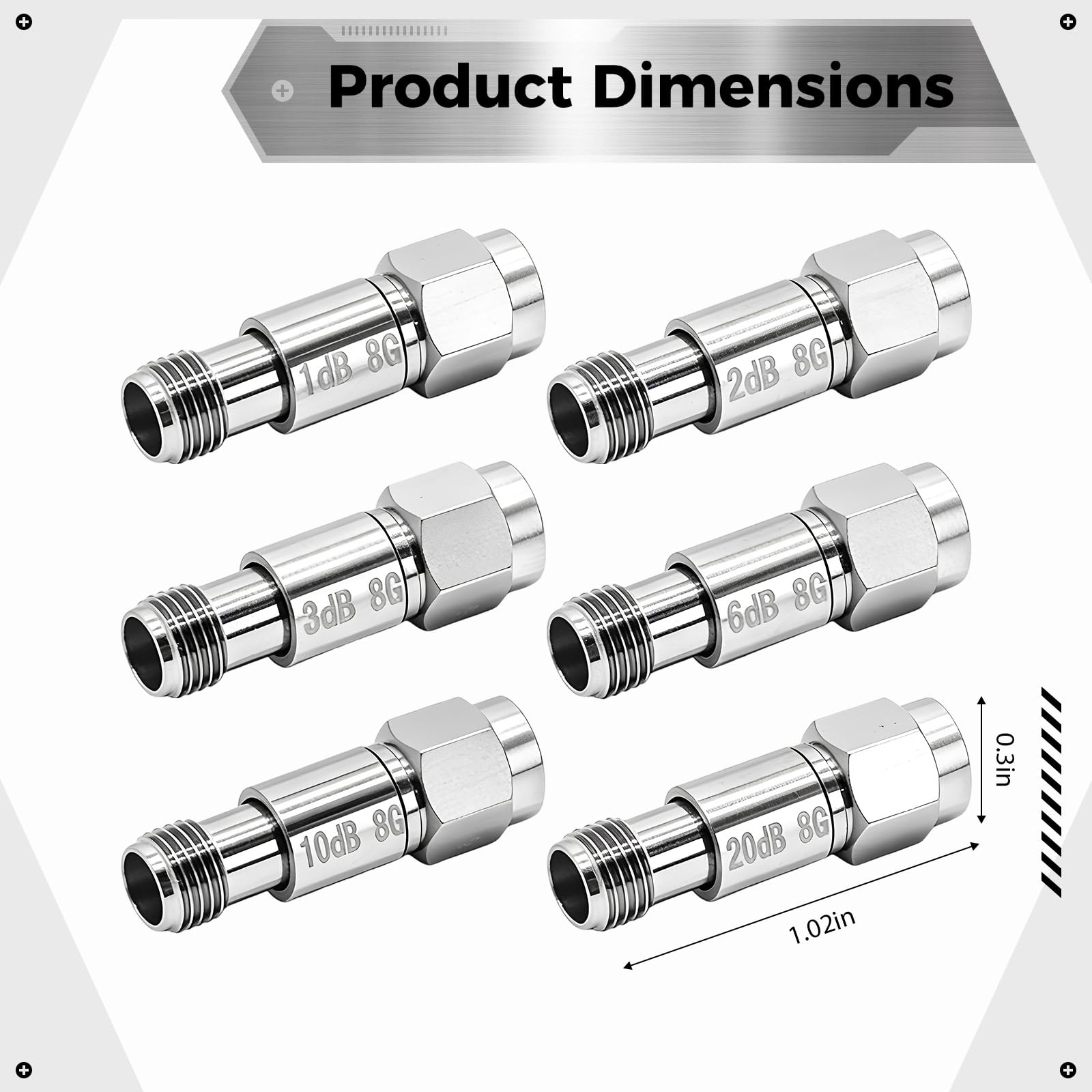 6 atenuadores RF, DC 8G SMA coaxiales de 2 W, atenuadores fijos de 1 dB a 20 dB, diseño compacto de cobre y acero inoxidable, adecuado para diversas necesidades de gestión de señales
