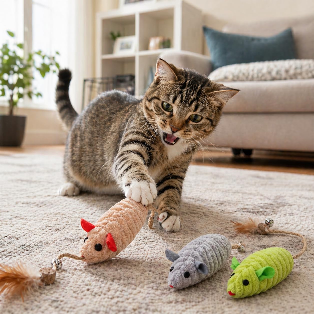 Catnip Toys Squeak Mice with Silvervine Bell Feather for Indoor Cats, Soft Plush Interactive Kitten Toys, Cat Play Catnip Toys for Chasing, Biting & Exercise, 3 Pack