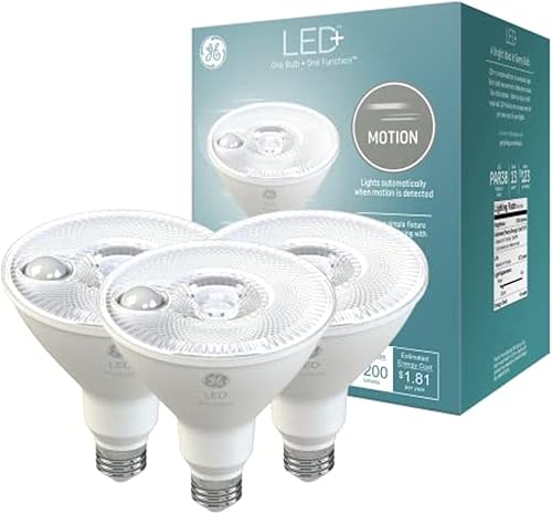 GE LED+ Motion Sensor LED Light Bulbs, 15W, PAR38 Outdoor Security Floodlight, Warm White (2 Pack)