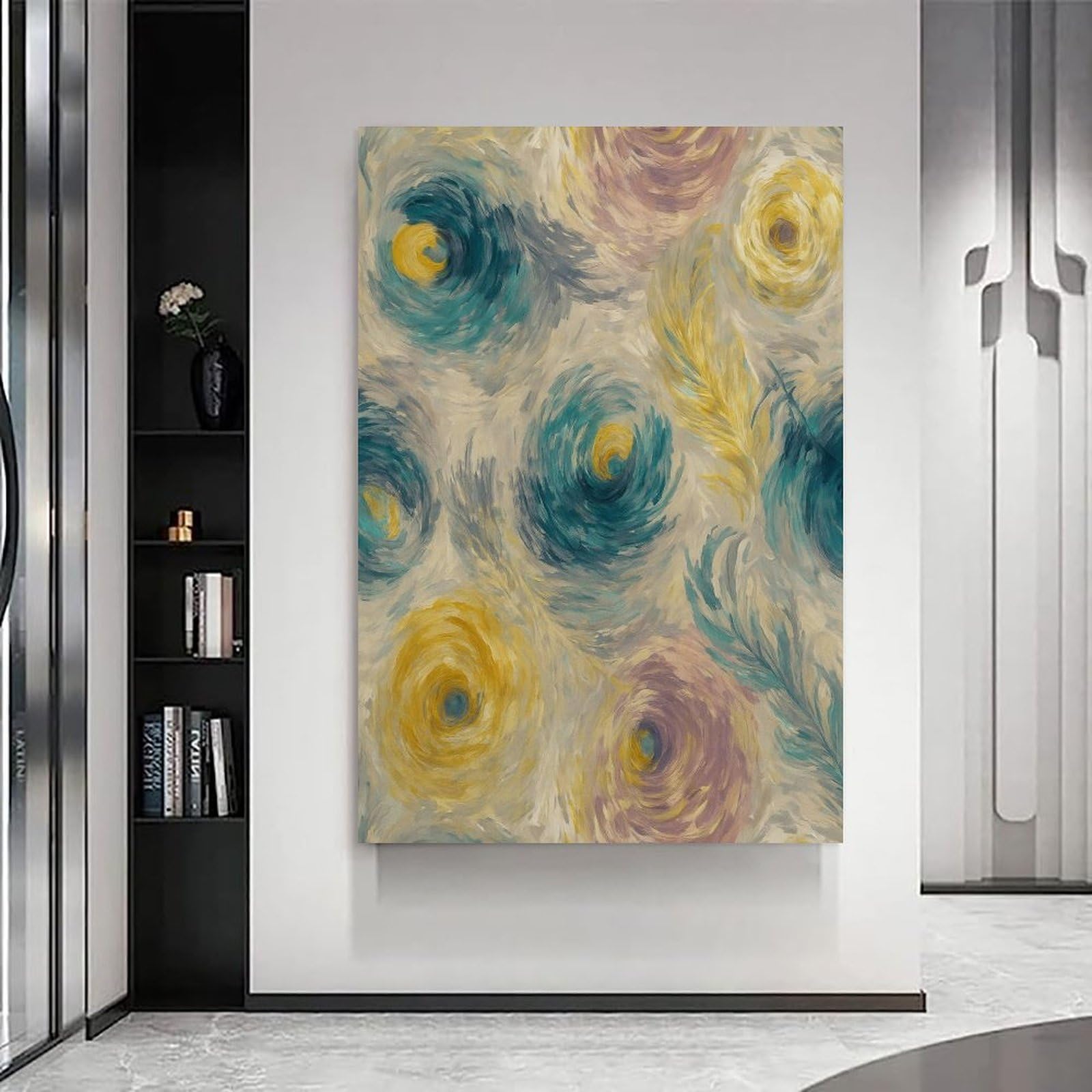 Póster abstracto de plumas de pavo real con diseño de remolino en lienzo, arte bohemio moderno impresionante para decoración de pared para sala de estar y dormitorio