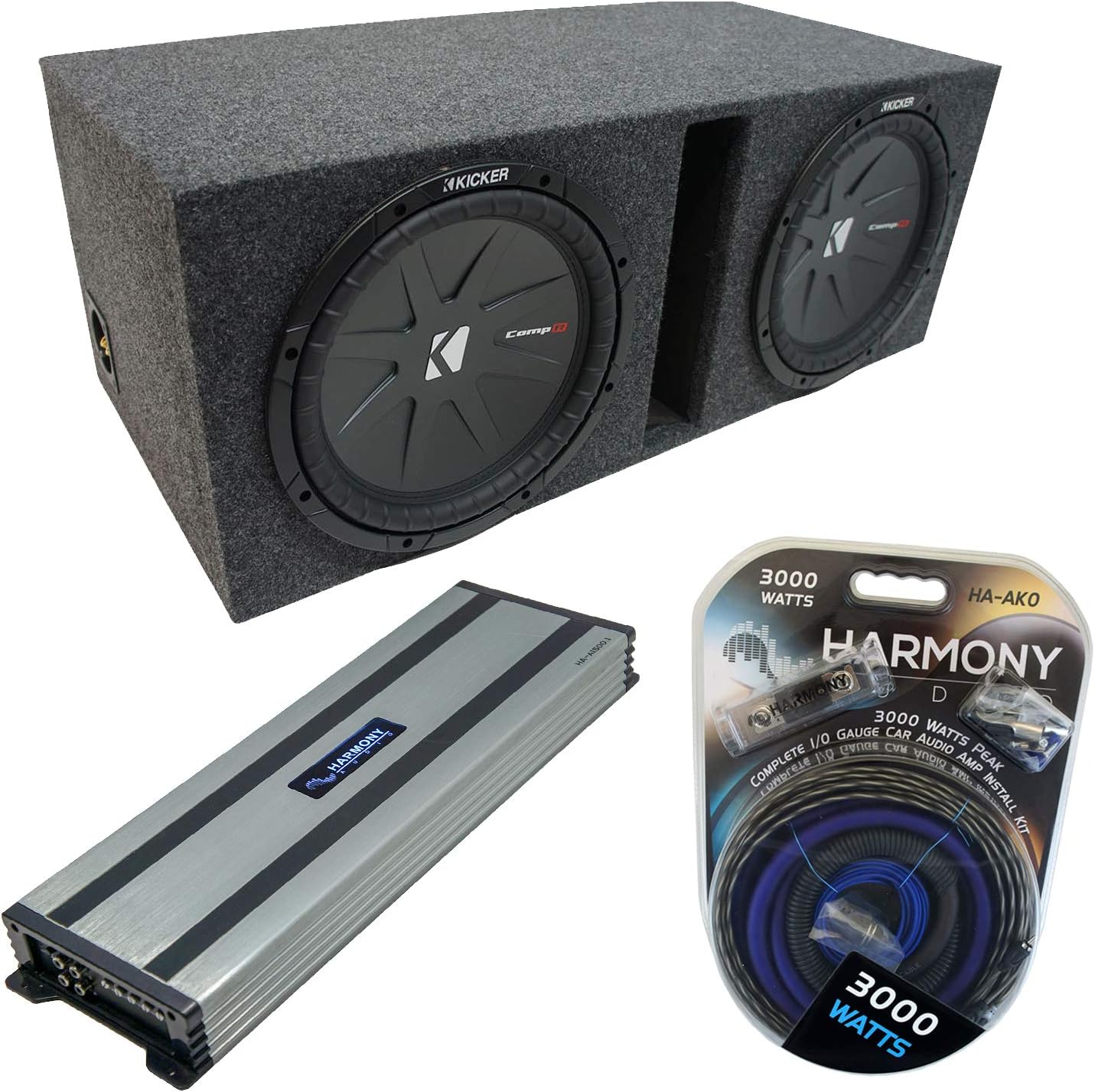 Harmony Audio Universal Car Stereo Vented Port Dual 15" Kicker Bundle CompR CWR15 Sub Box Enclosure & Harmony HA-A1500.1 Amp