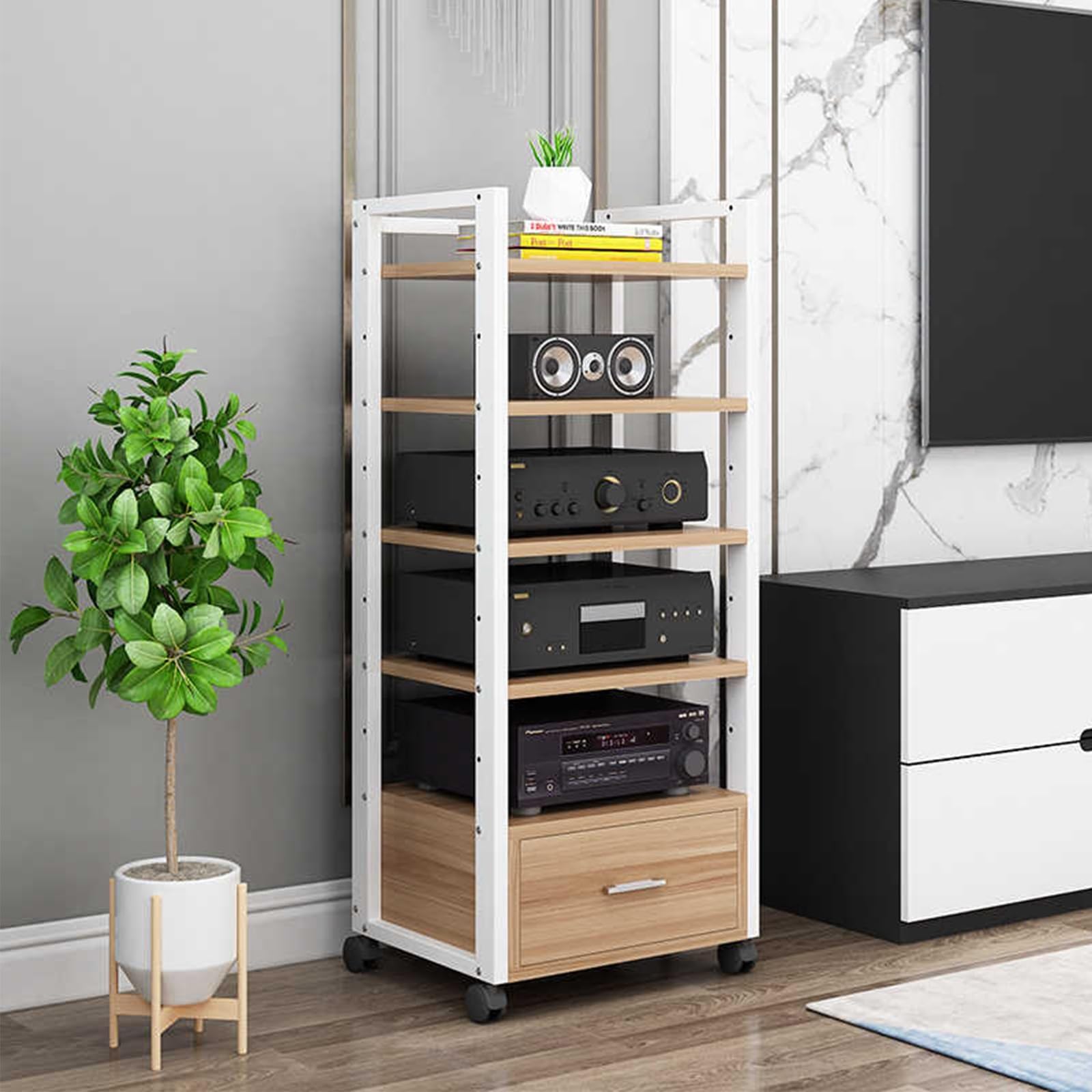 Support platine vinyle moderne en bois pour salon chaleureux