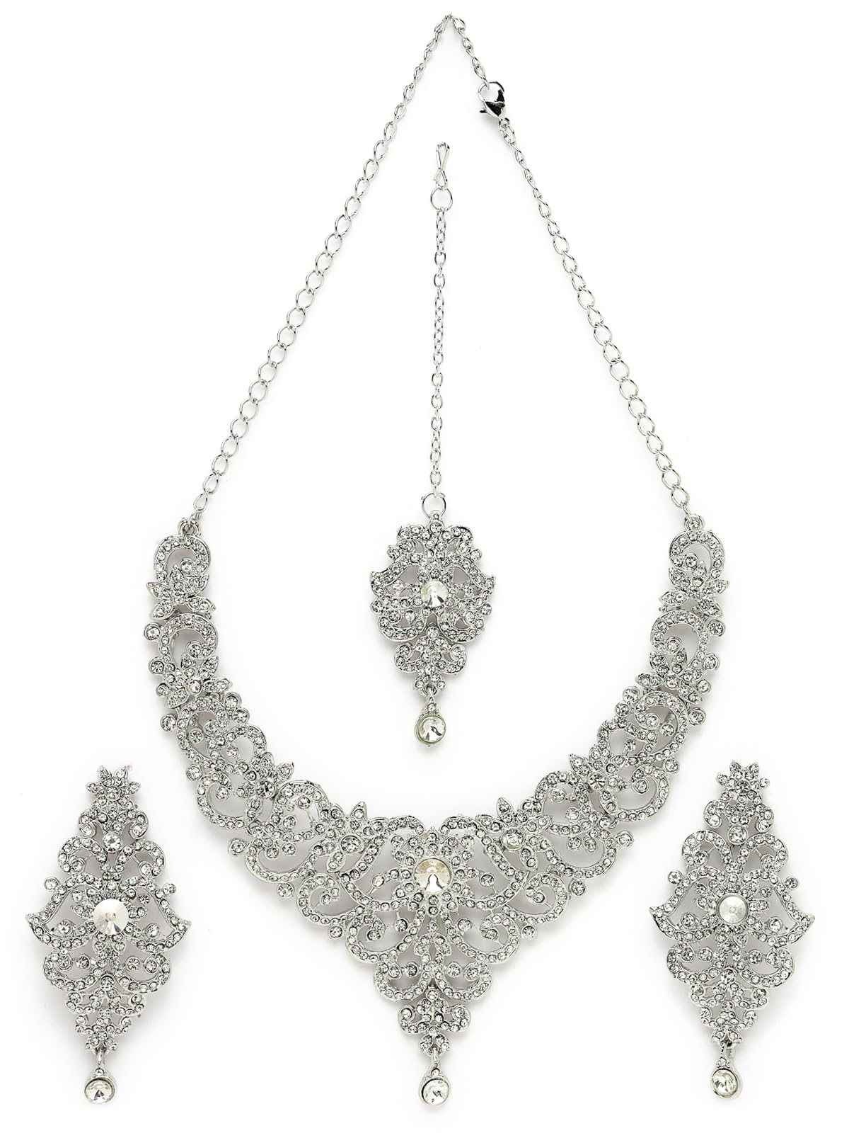Sukkhi High-Fashion Rhodium Plated Silver AD White Stones Floral Collar Bone Necklace Set With Earring And Maangtika | Jewellery Set For Women (NS105612) (B0CBBCSCJ8) Amazon Price History, Amazon Price Tracker