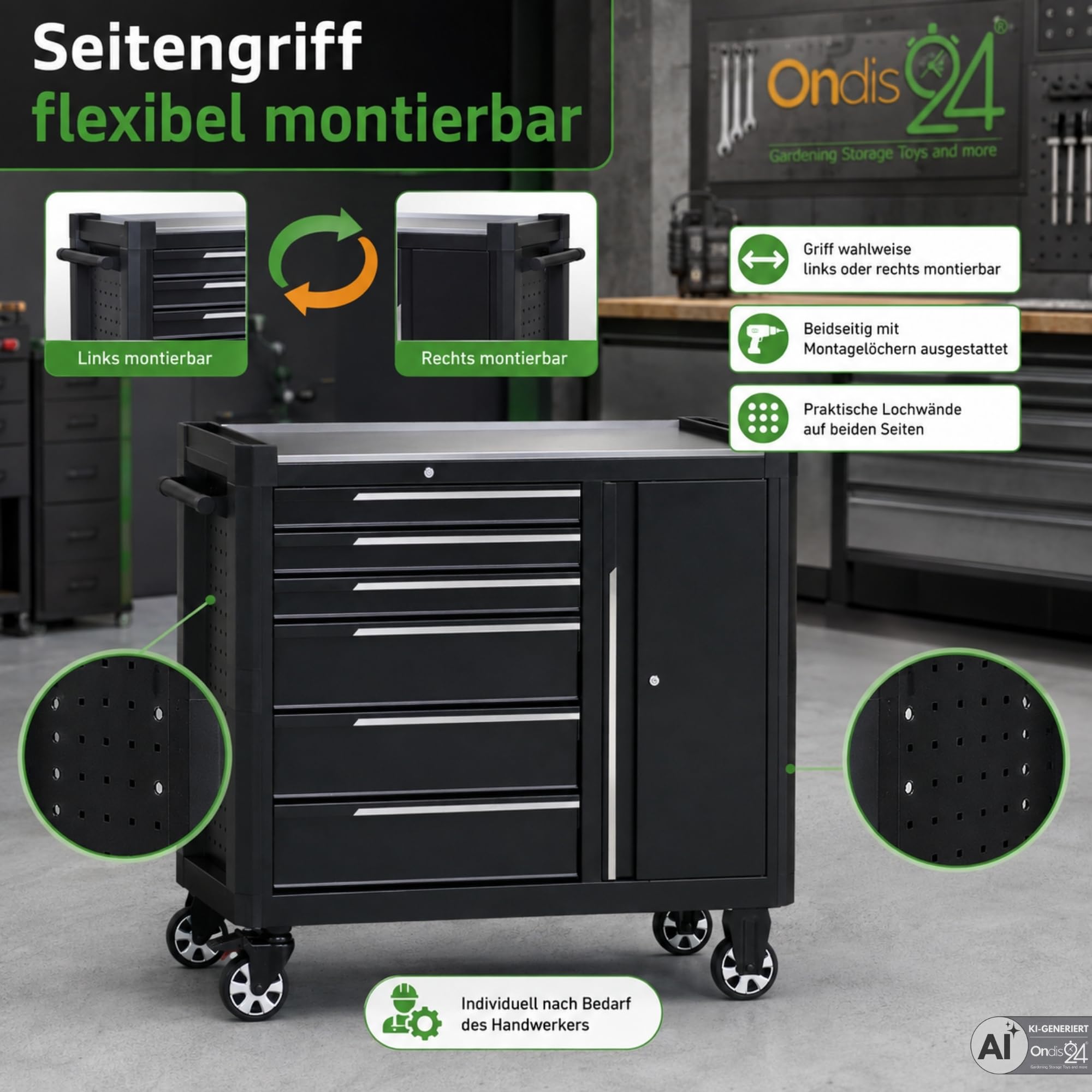 Ondis24 Werkstattwagen Konrad 115 cm schwarz mit Seitenschrank