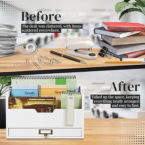 Miniatura 5 de Flexzion Organizador de escritorio de madera de 3 niveles - organizador de correo rústico campestre, compartimentos para encimera, bandeja de