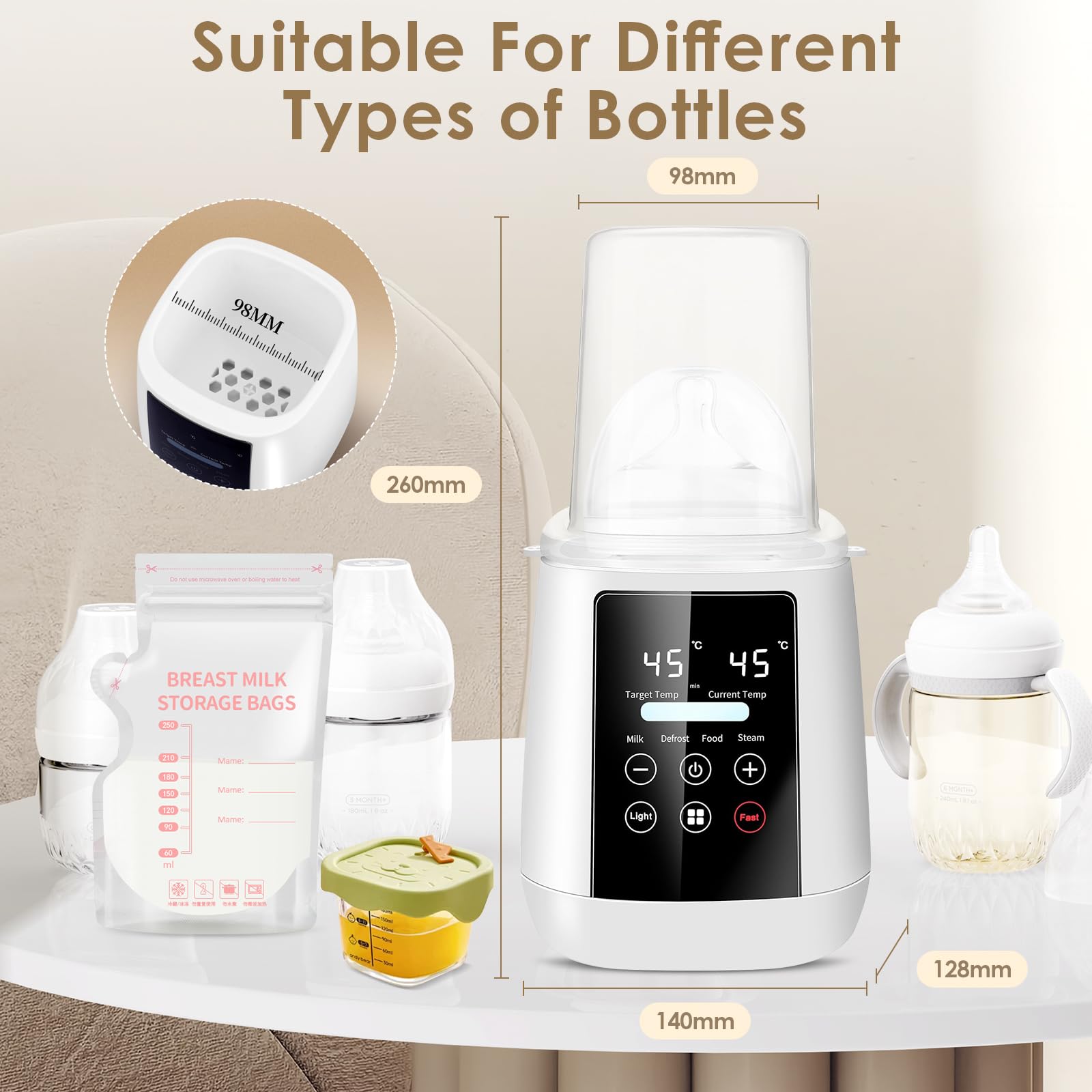 Chauffe Biberon Multifonction,6 en 1 Chauffe-Biberon Électrique Rapide,Stérilisateur de Biberons avec Écran Tactile,Stérilisateur Vapeur avec Intelligent de la Température,Arrêt Automatique