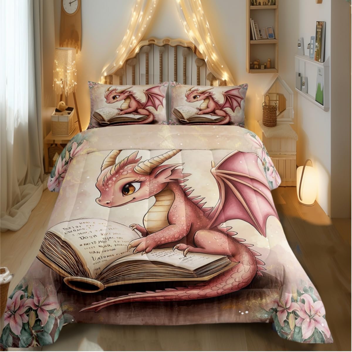 Castle Fairy Cute Dragon Bedding Comforter Sets Twin,Vintage 3D Dino Reading Book Bedding Set for Bedroom Decoration,Rustic Flowers Botanical with 1
