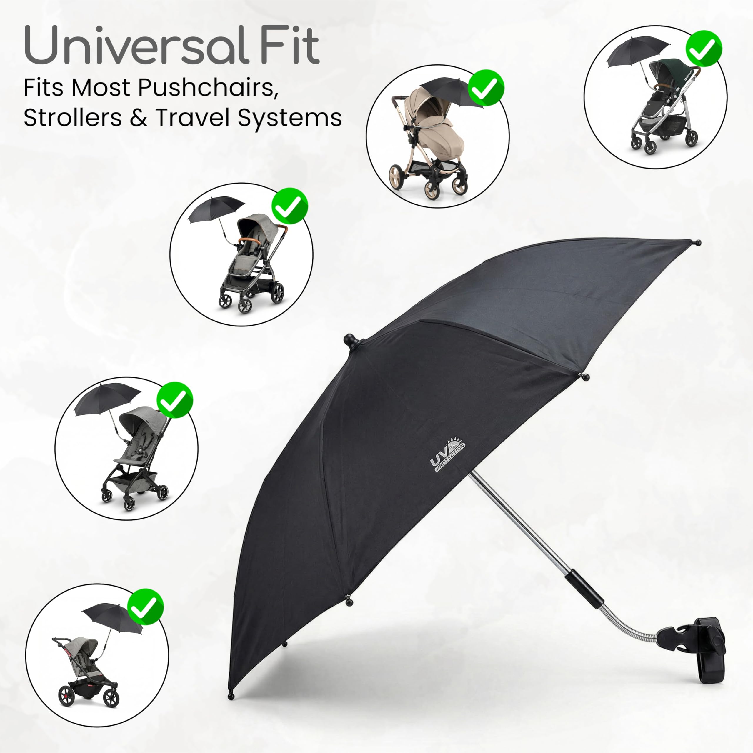 Cuddles Collection Baby Parasol Pram Umbrella UV Protection SPF 50+ Pram Parasol Universal Baby Sun Umbrella for Pram, Pushchair Parasol, Stroller & Buggy with Adjustable Clamp (Black) — view 3