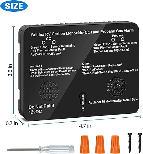Miniatura 8 de briidea - Alarma de monóxido de carbono y gas propano para RV, detector dual LPCO con luz indicadora LED separada, alarma fuerte de 100 dB, 12 VCC,