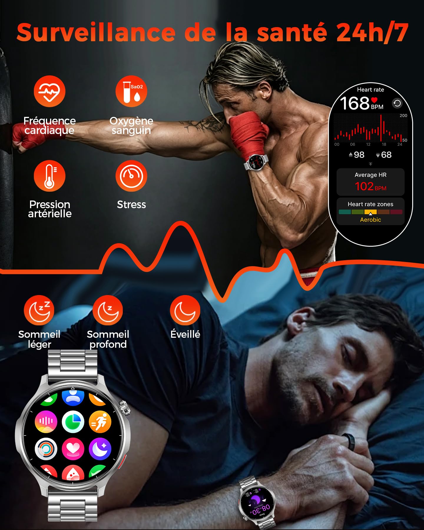 Montre Connectée Homme 1,52", Batterie 1000 mAh, Appels Bluetooth | Fréquence Cardiaque, SpO₂, Sommeil et Stress, 120+ Modes Sport, Podomètre, IP68 Étanche, Android iOS, Deux Bracelets, Argent