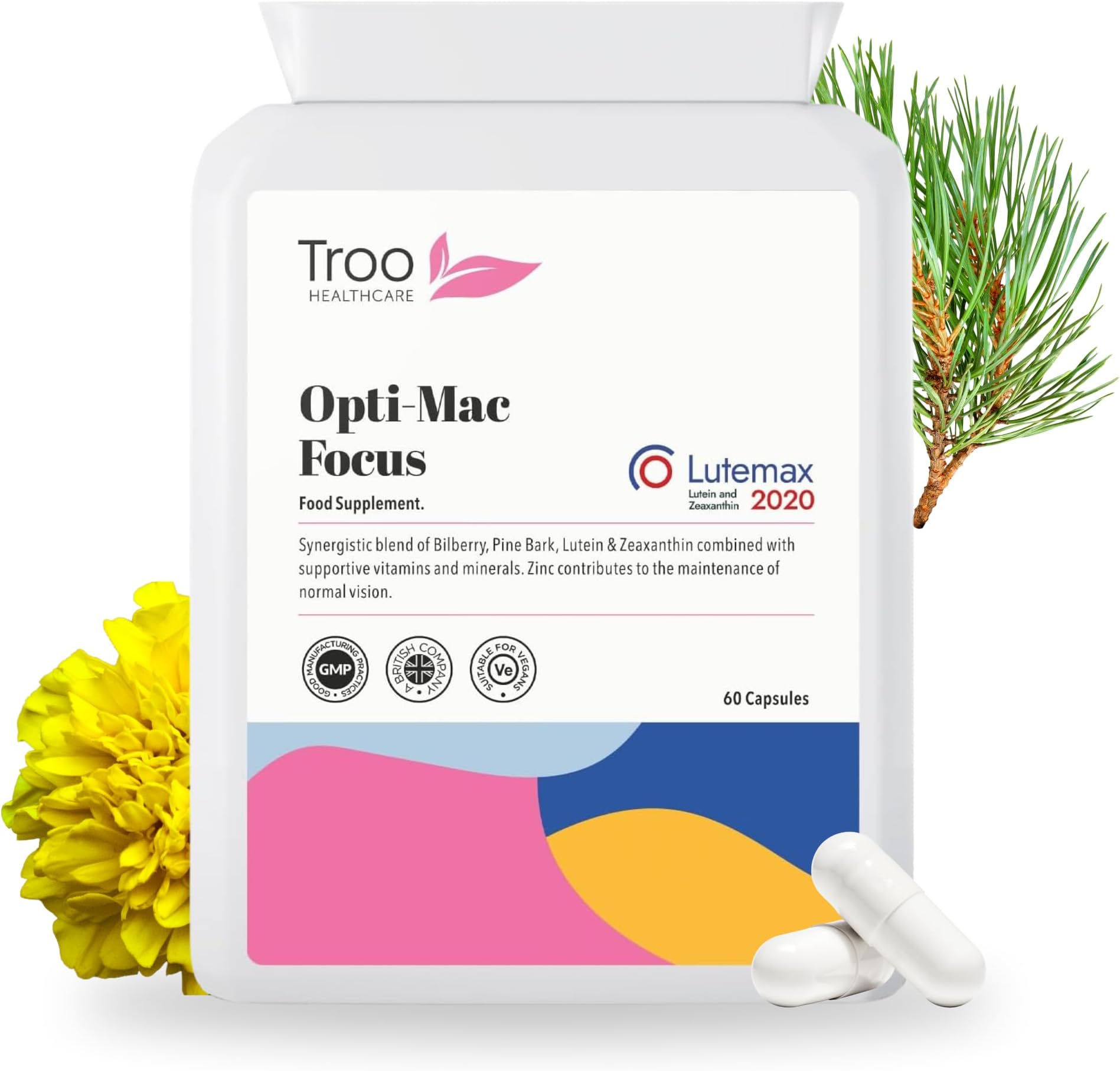 Opti-Mac Focus Eye Support 60 Capsules – Advanced Macular and Vision Support with Zeaxanthin, Lutein, Bilberry & Pine Bark - 1 Per Day Daily Supplement - 2 Months Supply – UK Made
