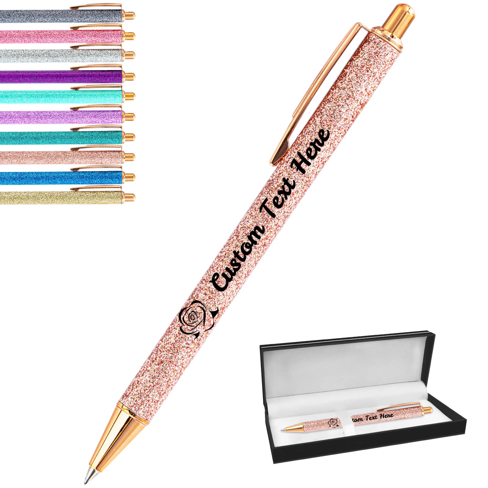 Aolun Personalised Pens with Name Custom Glitter Pen Bulk Customised Retractable Ballpoint Pens with Text Message for Women Nurses Writing Birthday Business Graduation_Black Ink — image 1