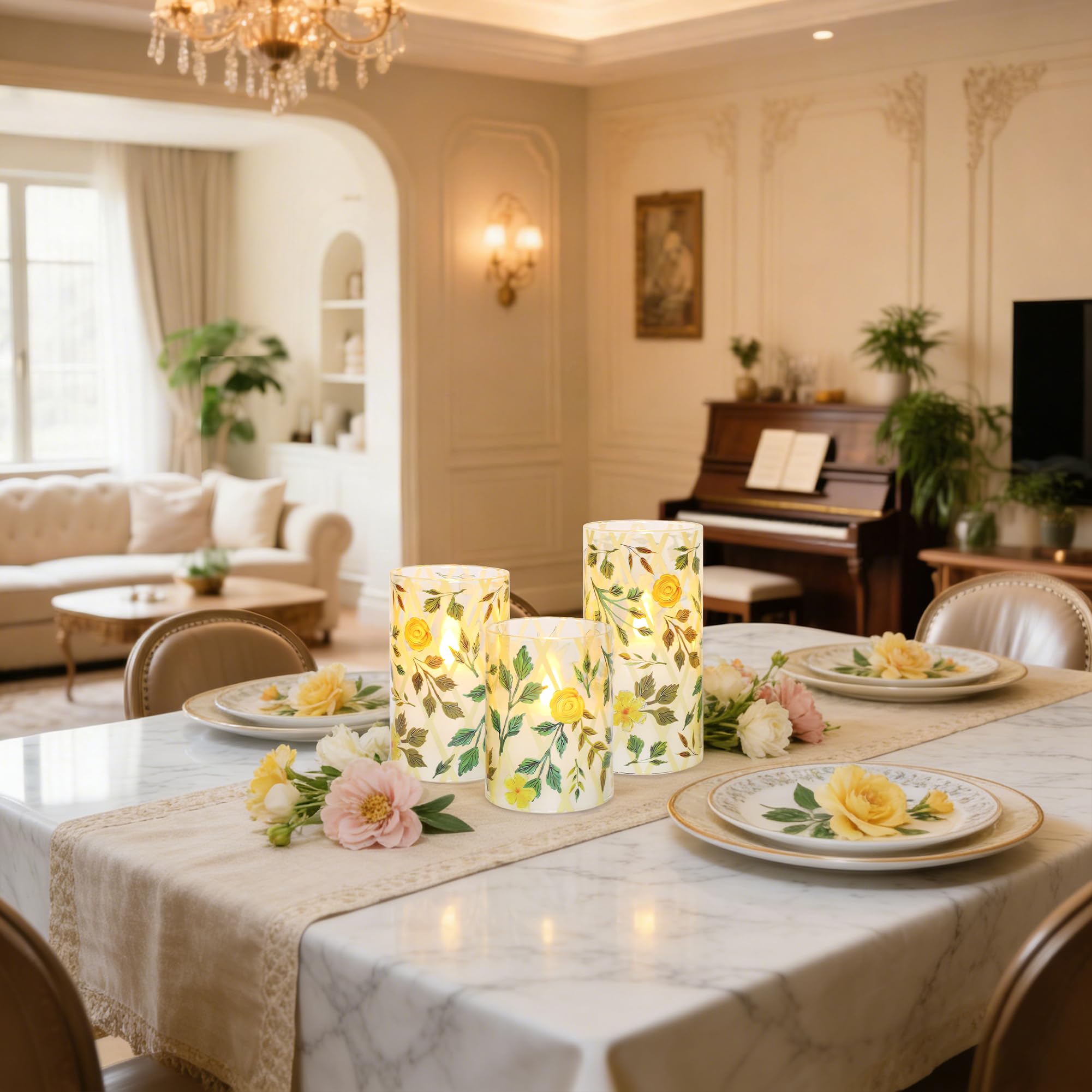 Flammenlose LED-Kerzen mit Fernbedienung und Timer, Gelb Blume Grünes Gras Design, Glas Stumpenkerzen 3er Set