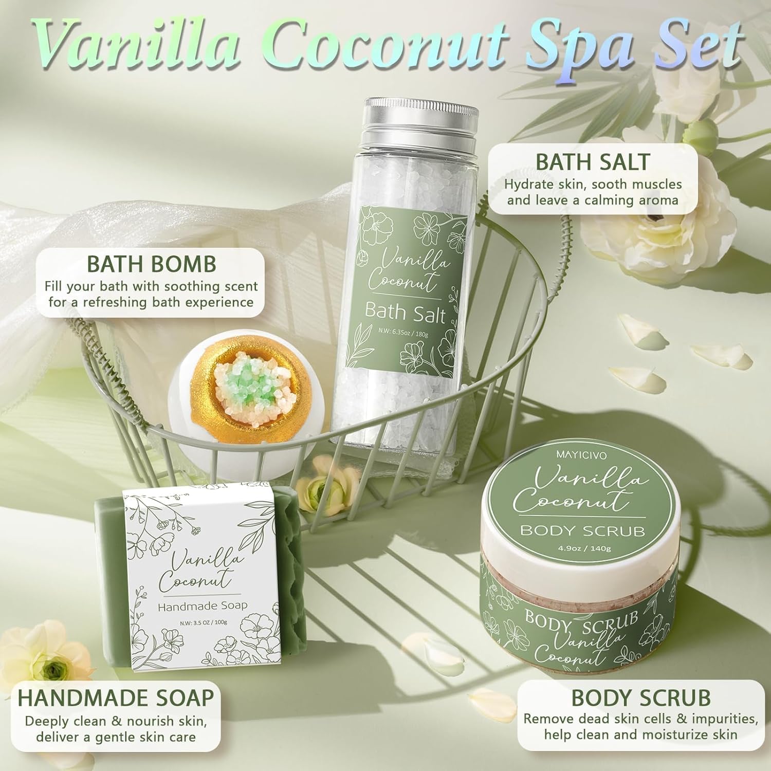 Spa Gifts for Women Bath Gift Set, Vanilla Coconut Relaxing Spa Gift Baskets Home Bath Set Self Care Kit Care Package Thank You Birthday Valentines Day Gifts for Her Women Mom Friend Sister Teen Girl - Image 5