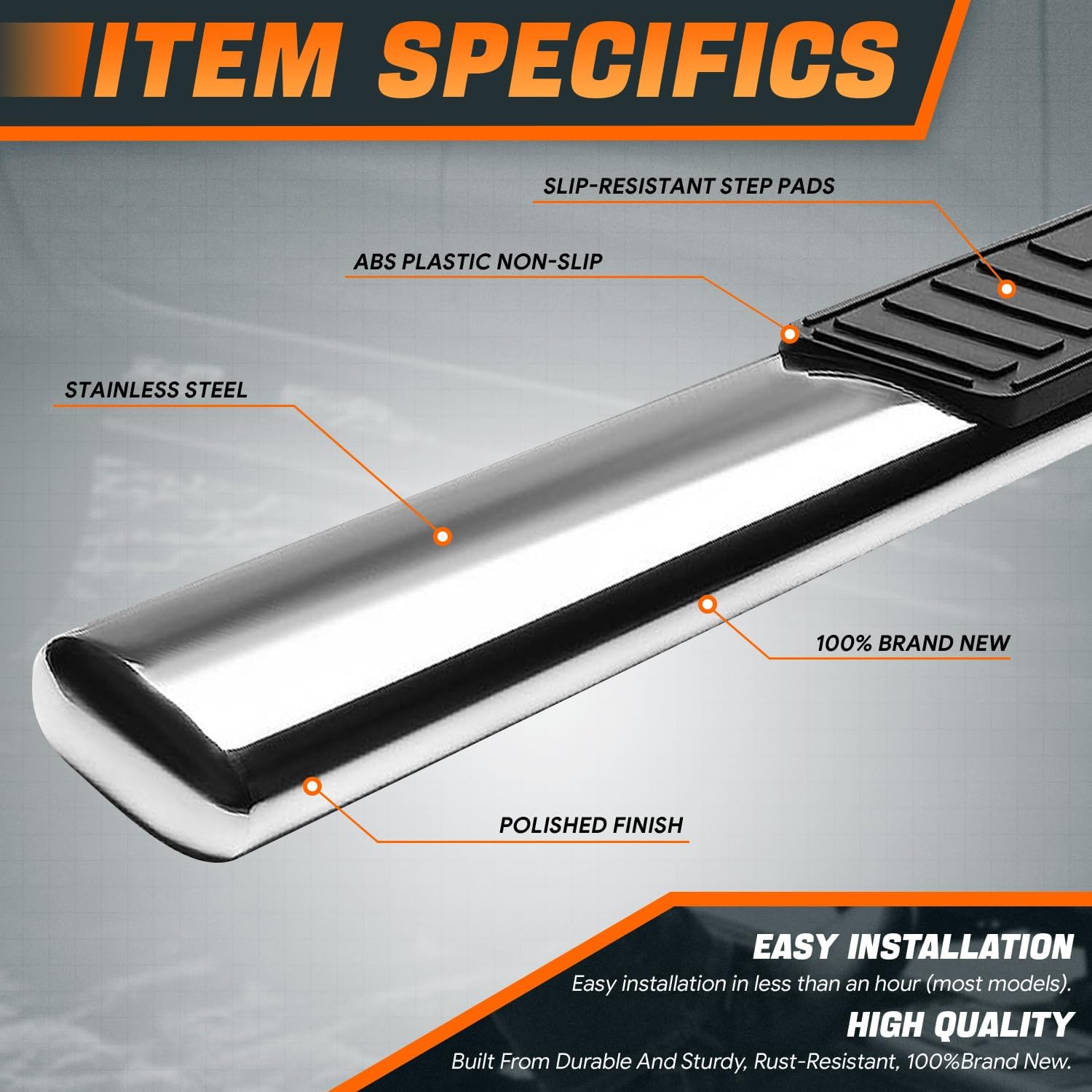 5 in. OD Oval Stainless Steel Side Step Nerf Bar Compatible with 01-14 Silverado Sierra 1500 2500HD 3500HD Crew Cab CAAP-STEPS5O-930SS