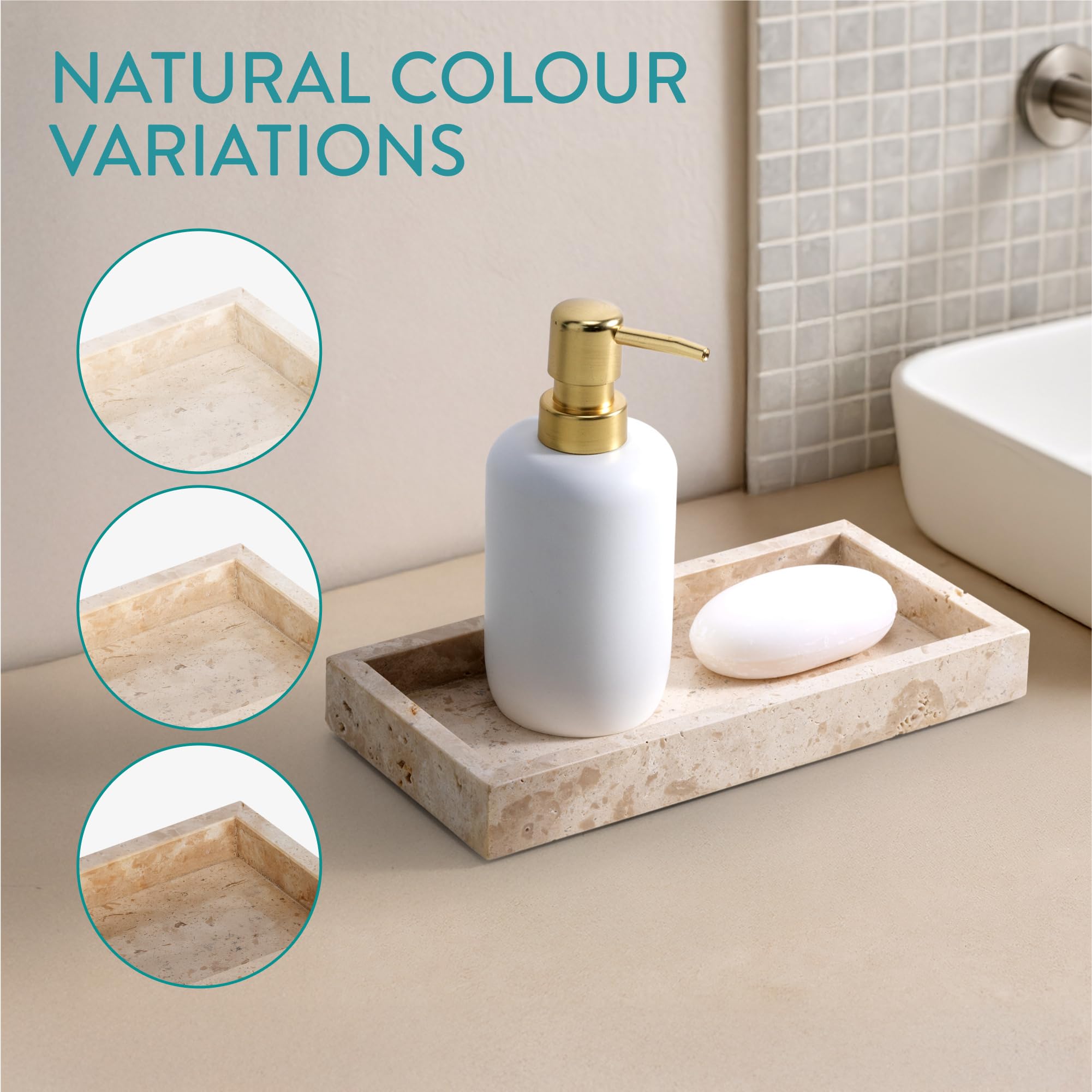 Navaris Mini Plateau Decoratif - Petit Plateau Rectangulaire Organisateur Salle de Bain 25 x 12 cm en Travertin pour Bijoux Produit de Toilette Bougie - Vide Poche Entree Design