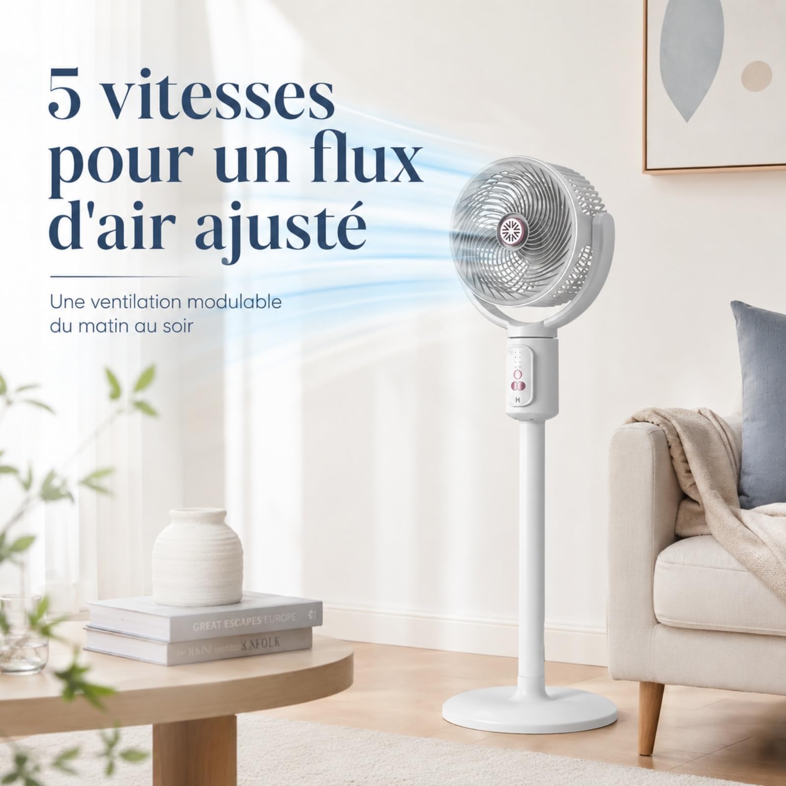 Ventilateur Colonne D'Intérieur Rechargeable, Ventilateur Sur Pied Oscillant Hauteur Réglable, Circulateur D'Air 5 Vitesses avec Minuterie et Télécommande pour Bureau, Chambre, Salon, Cuisine ，Blanc-B