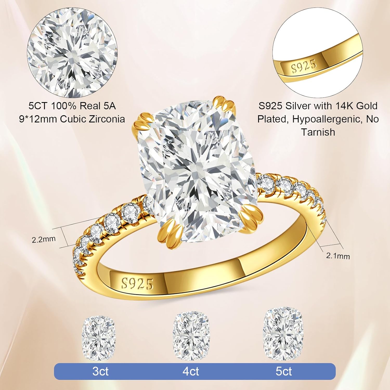 5CT Elongated Cushion Cut Engagement Ring, S925 Sterling Silver Cubic Zirconia Wedding Rings for Women 14K Gold/White Gold Plated, Promise Anniversary Birthday Gift for Her, Size 5-10 - Image 5