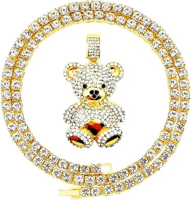 Mens Hip Hop Iced Out Chain Necklaces Silver Gold Monkey | Bear | Lion Pendant Chains Bling Rapper Jewelry Gold Bear, Cuban Link Chain
