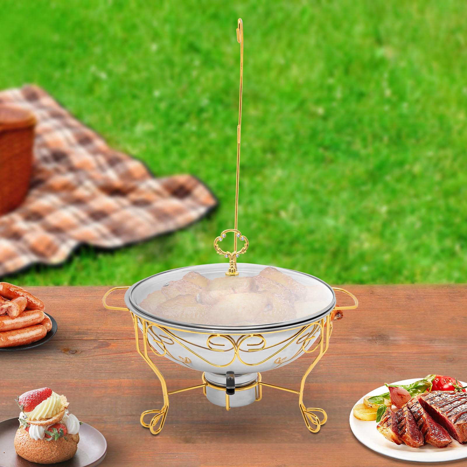 Chafing Dish Buffet Set da 6 l, rotondo con coperchio in vetro, in acciaio inox, contenitore per alimenti, contenitore termico per buffet, per catering buffet party (oro)