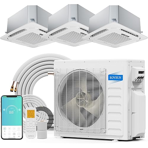 ROVSUN WIFI 28000 BTU Tri Zone (9K/9K/9K) Ceiling Cassette Mini Split AC/Heater with Inverter, 20 SEER2 3 Zone Ductless Air Conditioner with Pre-Charged Condenser, Heat Pump & 25Ft Line Set, 230V