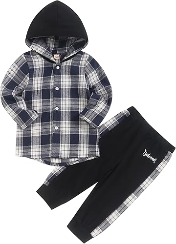 Fuermos Ropa para niños pequeños, conjunto de camisa de botones de franela con malla y capucha + pantalones para niños, conjuntos de otoño e invierno