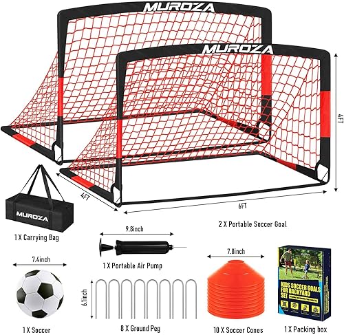 Miniatura 2 de Juego de porterías de fútbol para niños para patio trasero, paquete de 2 redes de fútbol portátiles desplegables con pelota de fútbol, escalera de