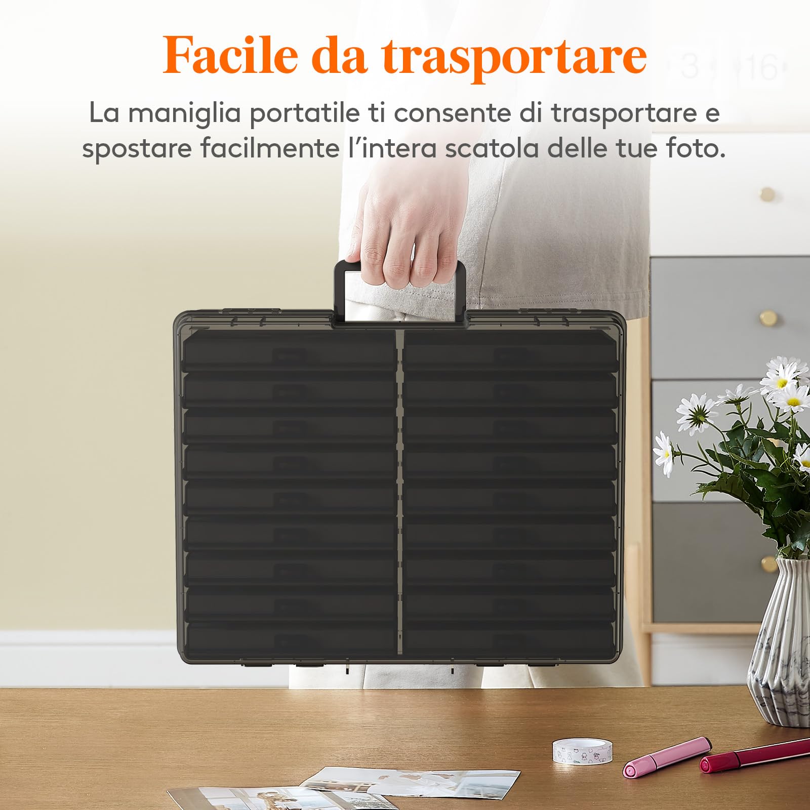 Lifewit Scatola Portafoto 10 x 15 cm, 4R 18 Scomparti Scatola Foto Interna, Organizer Foto con Manico, Scatola Portaoggetti Plastica per Semi, Cartoline, Artigianato, Adesivi, Nero, 1 Pezzi