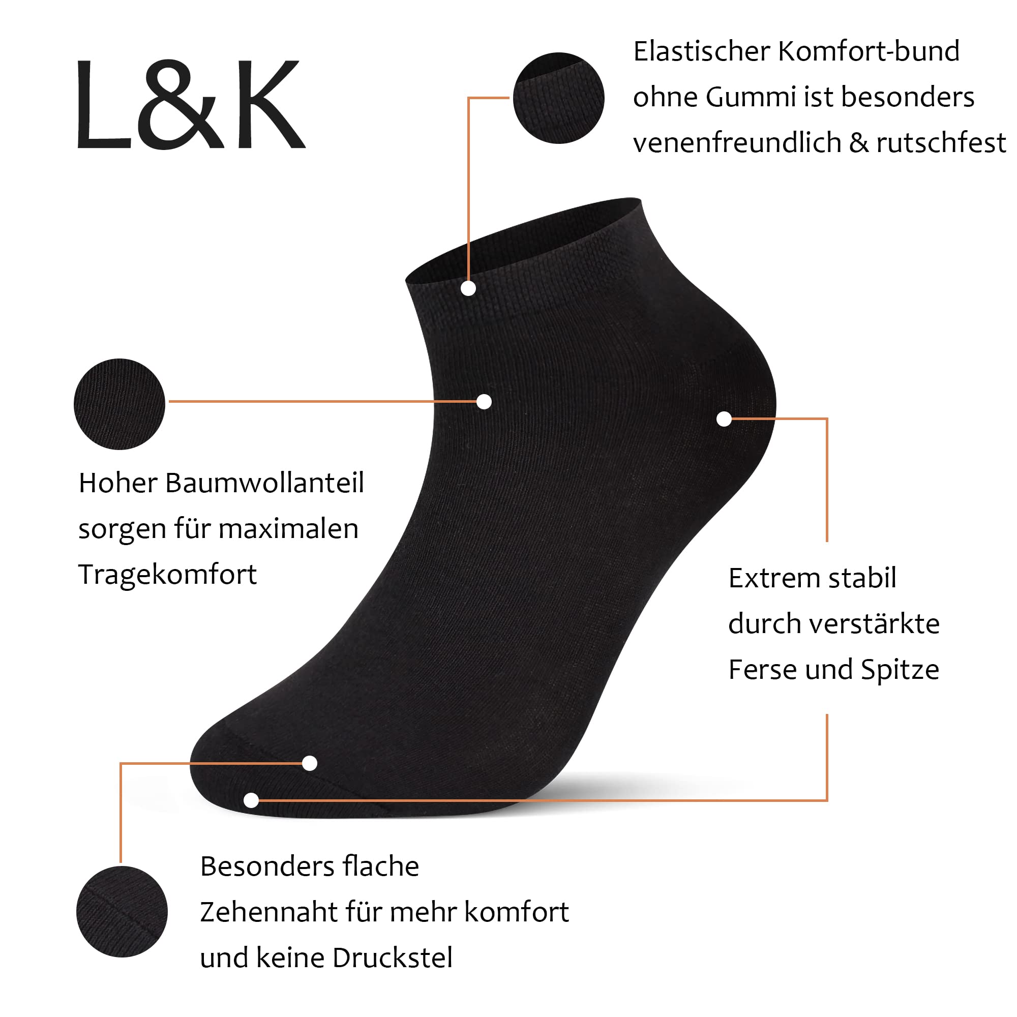 L&K-II 12/24 paia di calze da ginnastica donna/uomo calzini corti piedini in cotone traspirante in nero bianco e grigio 92201VA