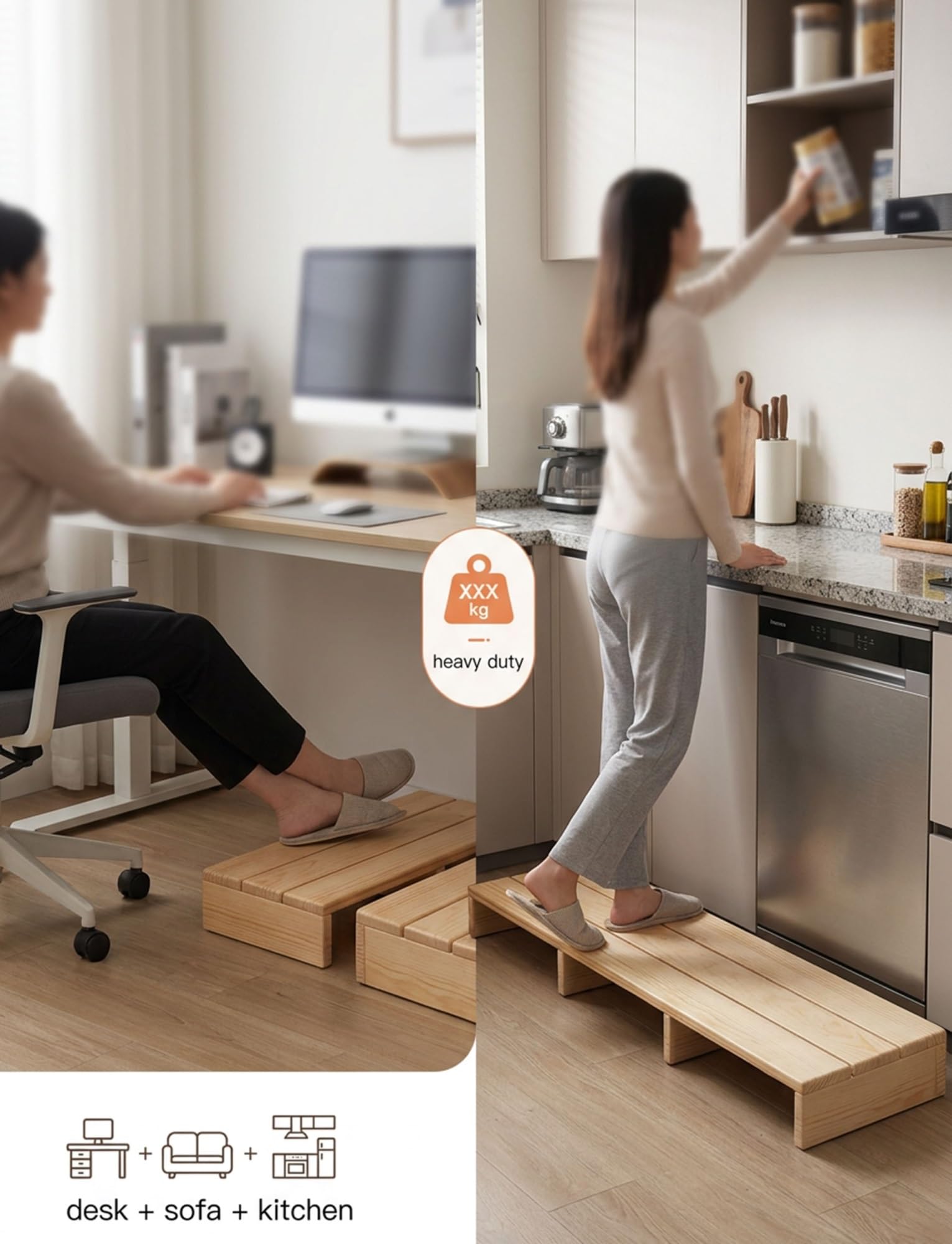 Taburete de madera maciza con almohadillas antideslizantes, taburete portátil de un solo paso para adultos, cocina, baño, mesita de noche