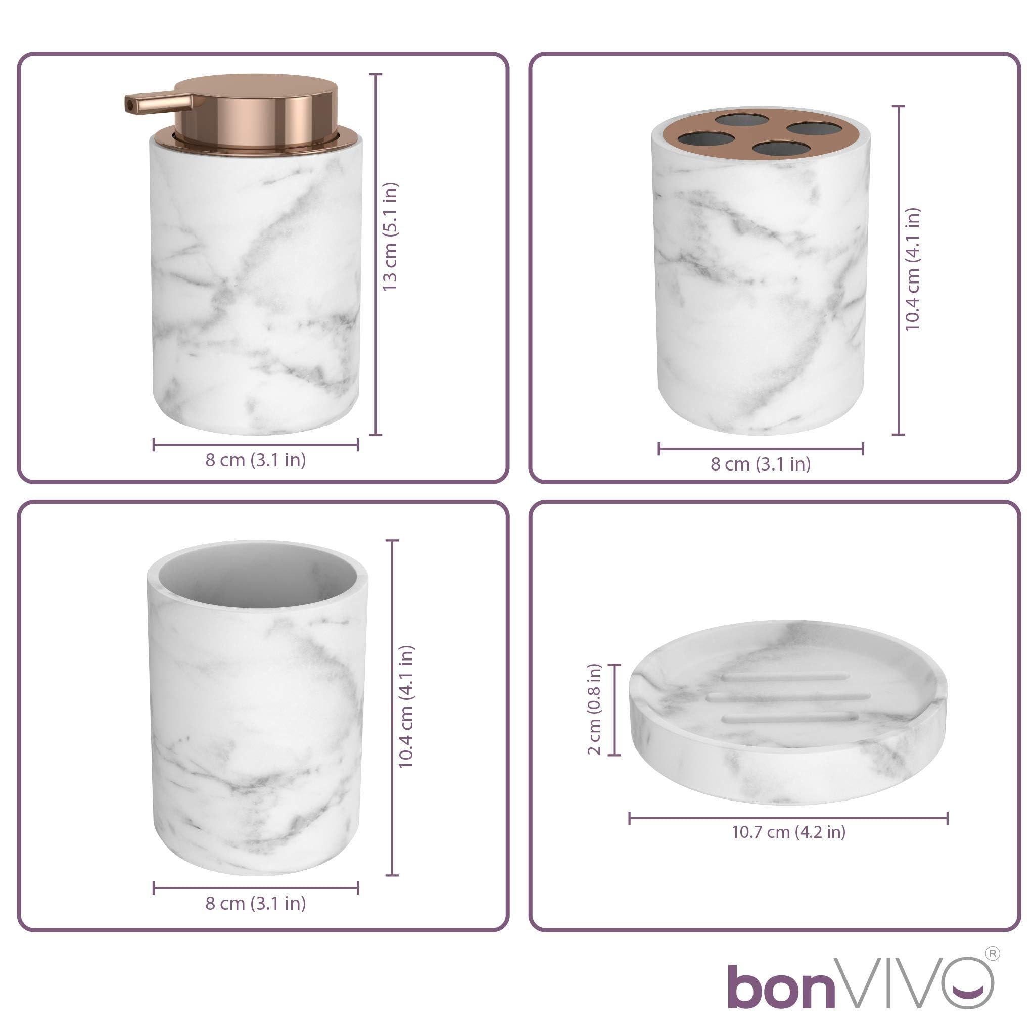 Badezimmer Set 4 TLG Marmor – Badaccessoires Set mit Seifenspender, Zahnputzbecher & Zahnbürstenhalter – Badezimmer Zubehör Organizer modern weiß Copper – Bad Deko bonVIVO