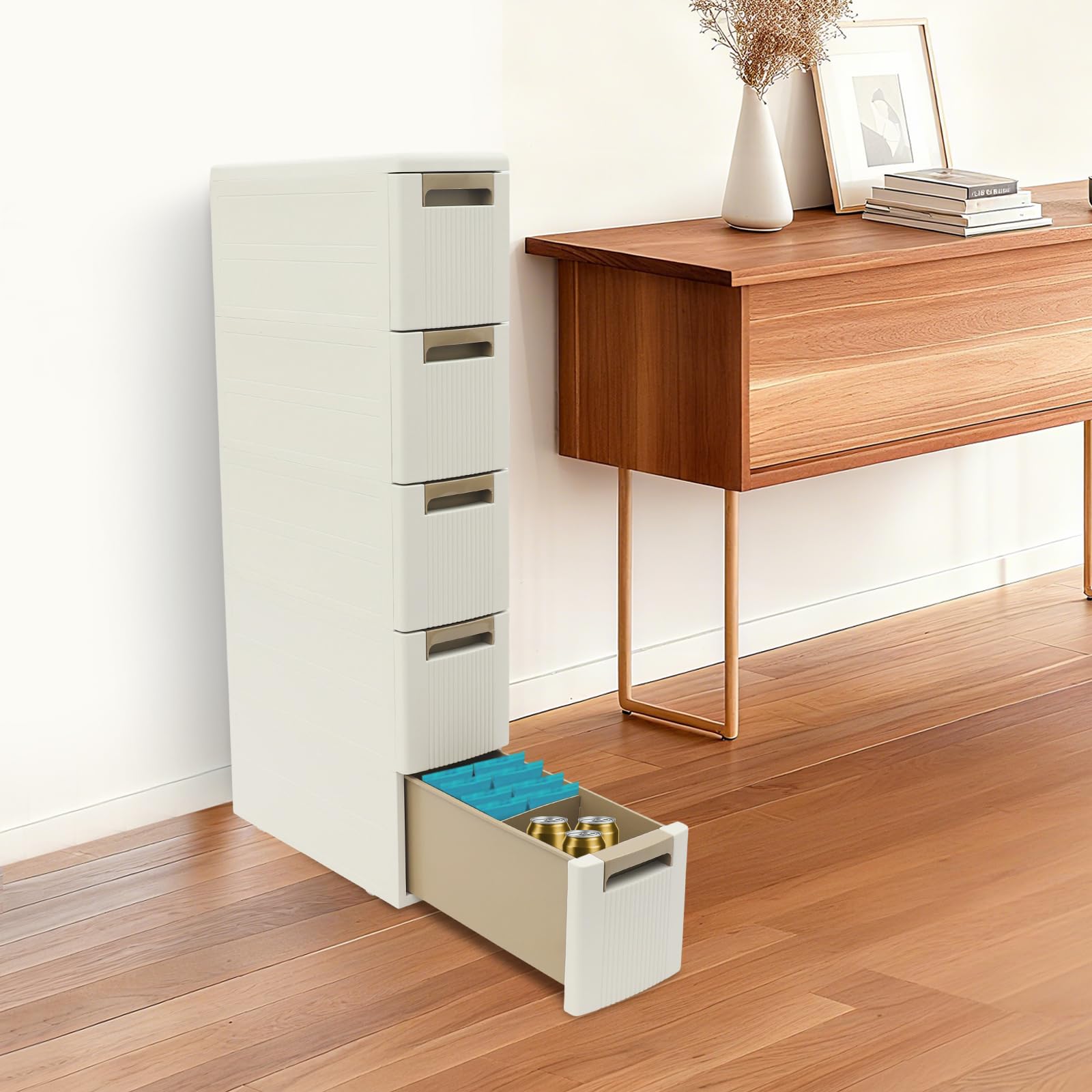 Mueble de almacenamiento estrecho de 5 niveles, mueble de baño de PP, estante con ruedas para espacios pequeños, carro rodante con 5 cajones, 18 × 45 × 100 cm