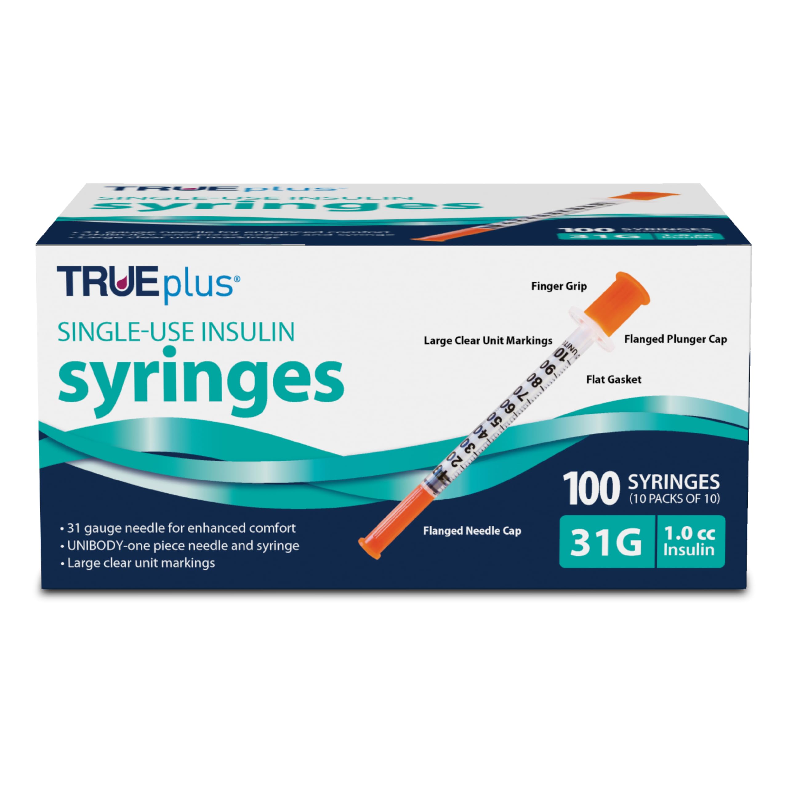 TRUEplus Single-Use Insulin Syringes, 31G 1.0cc 5/16 Inch Needle Length, 100 Count (10 Packs of 10)