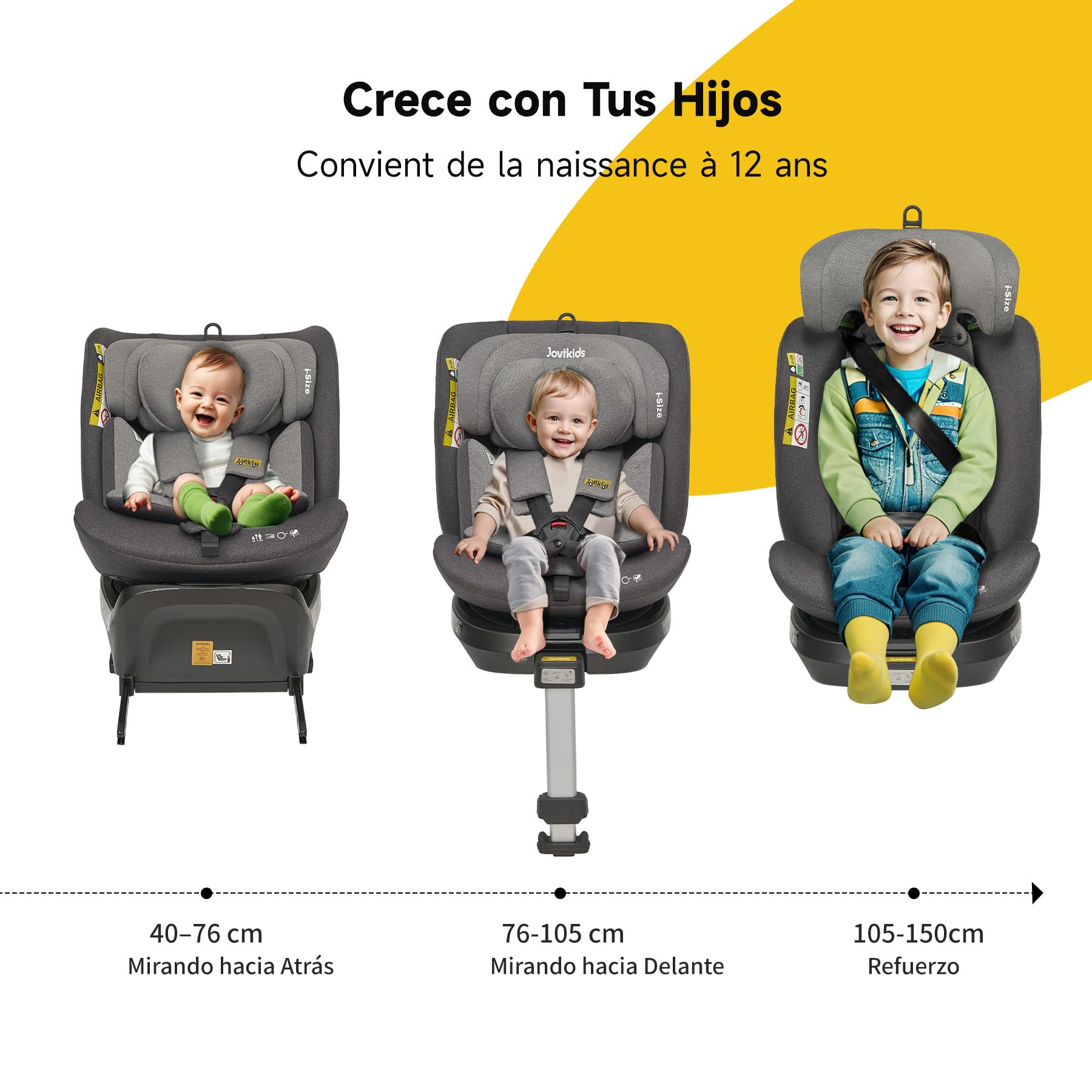Jovikids I-size Silla Coche Bebé Grupo 0 1 2 3 ISOFIX, Giratoria 360 Universal, ECE R129, para Niños de 40-150cm, 0 Meses-12 Años, Pierna de Apoyo (Gris)