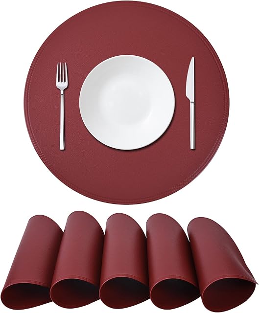 Miorkly Round Placemats Set of 6, Red 34cm Round Leather Christmas Placemats Waterproof Place Mats, Non-Slip Washable Table Mats Suitable for Indoor Outdoor Dining Table Restaurant