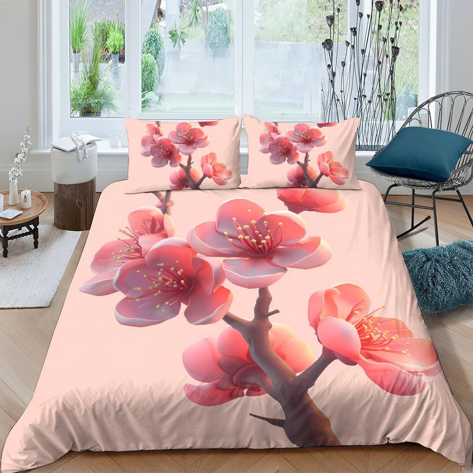 Ctjqhvkz Style-5 3D Printed Pink Blossom Fitted Sheet Microfiber Soft Breathable Plum Flower Bed Cover For Bedroom Dorm Mattress Decor Single（135X200cm）