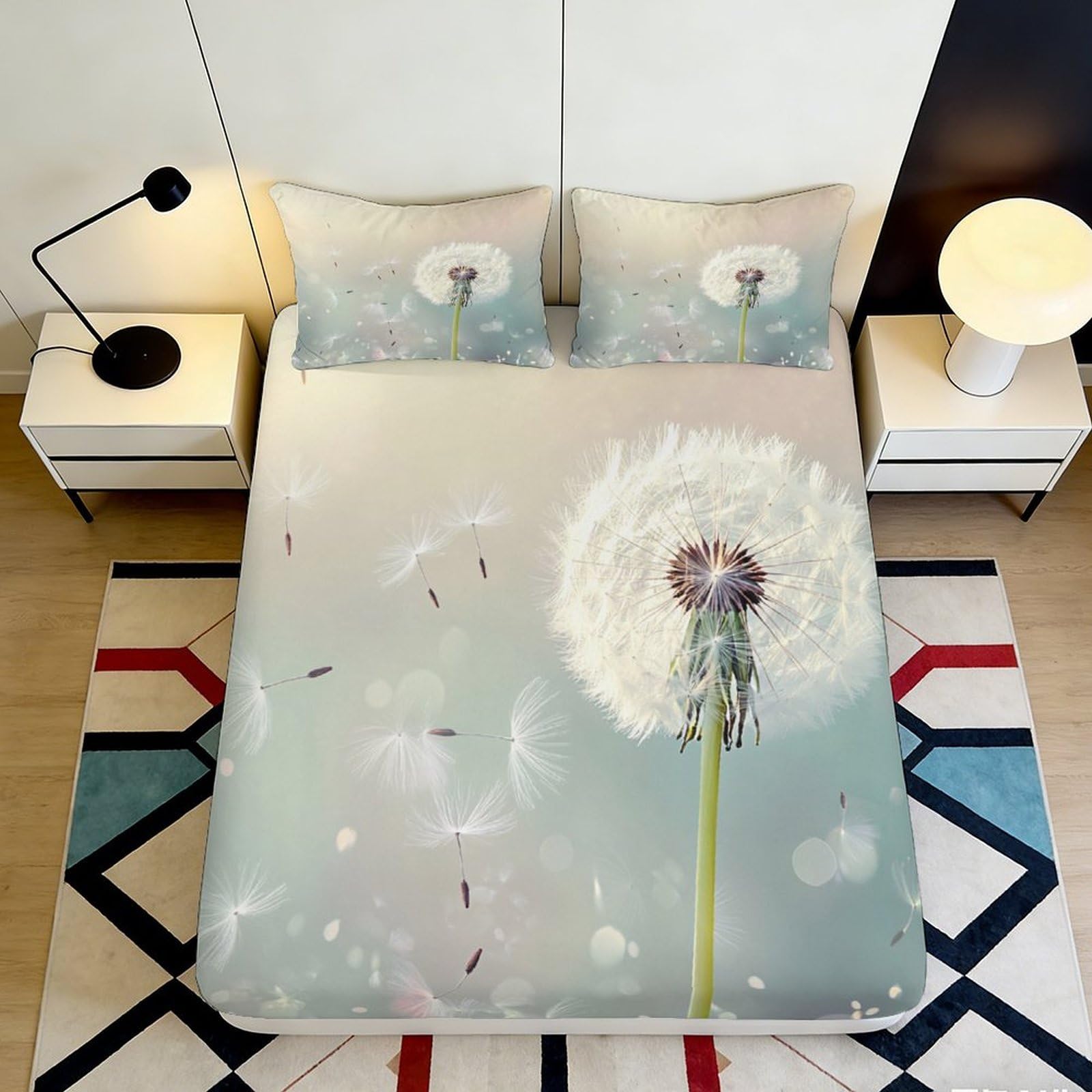 3D Printed Dandelion Dream Fitted Sheet Microfiber Soft Breathable Floating Seeds Mattress Cover for Bedroom Decor 90x200x25cm