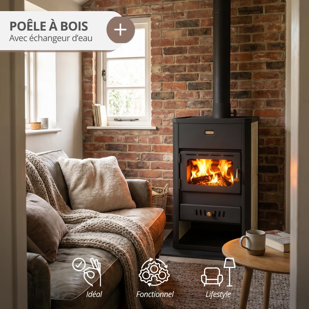 Prity WD W29 Poêle à bois 29 kW avec gaine d'eau et chauffage central extra large certifié CE
