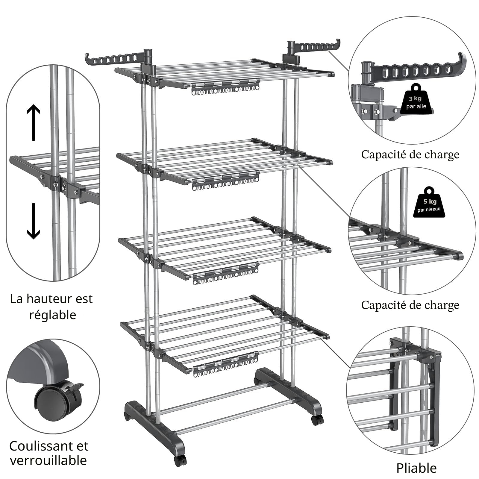 Séchoir à Linge pliable à 5 niveaux, hauteur réglable, étendoir à linge d'intérieur en acier inoxydable avec 4 roulettes, 32 tringles à vêtements, 14 crochets et 4 supports pour petites pièces