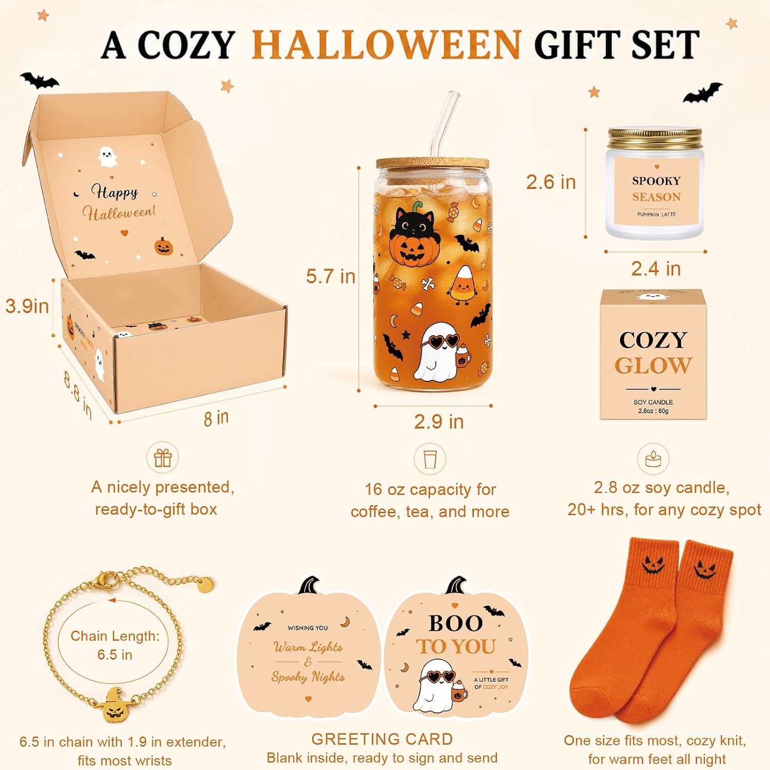 Boo Basket Stuffers for Women, Halloween Gifts Box w 16oz Ghost Glass Cup