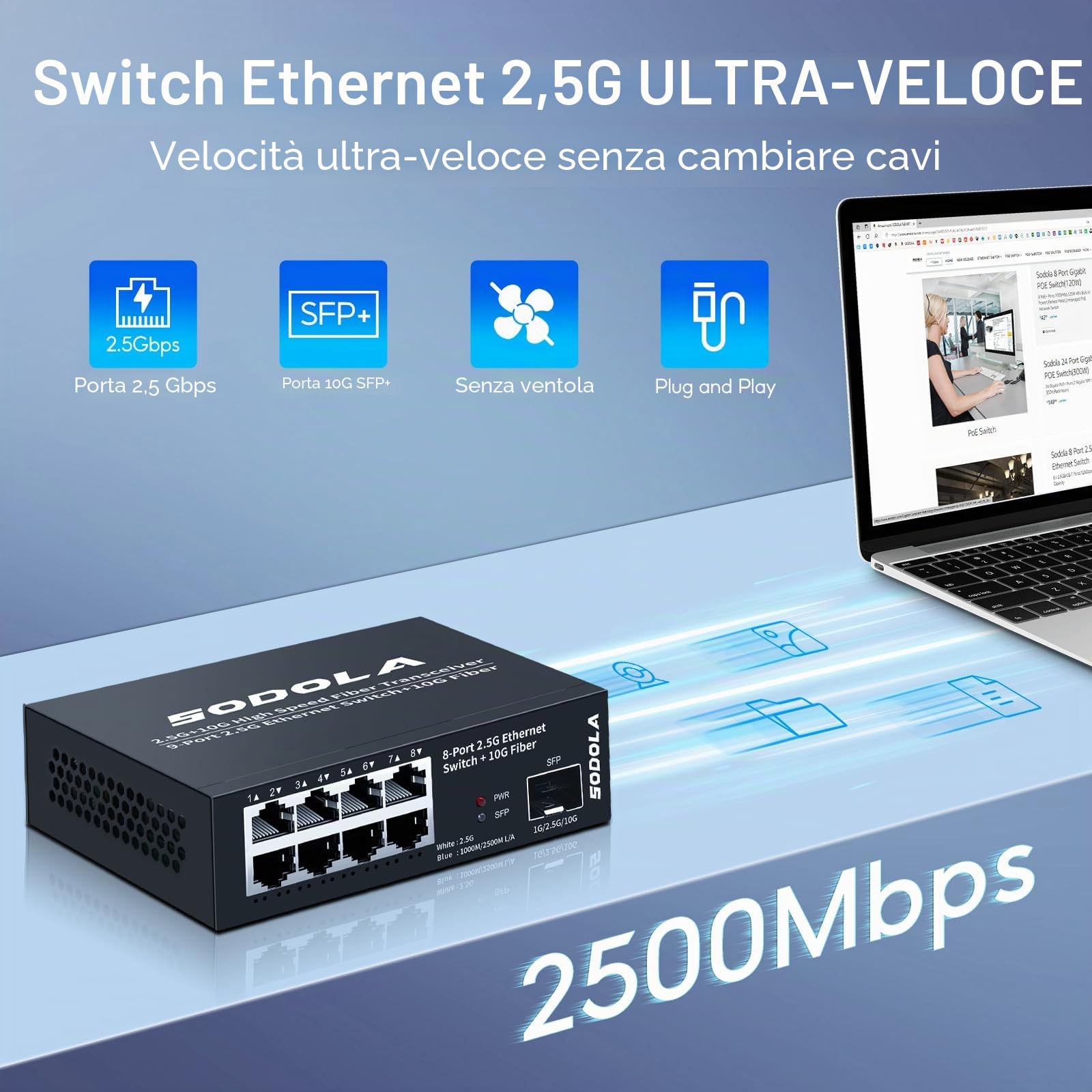 SODOLA Switch a 8 porte da 2,5 Gbit non gestito, 8 porte 2,5GBASE-T, 1 x 10G SFP+ | Capacità di commutazione 100 Gbps, senza ventola, alloggiamento in metallo, switch di rete Plug & Play da 2,5 GB