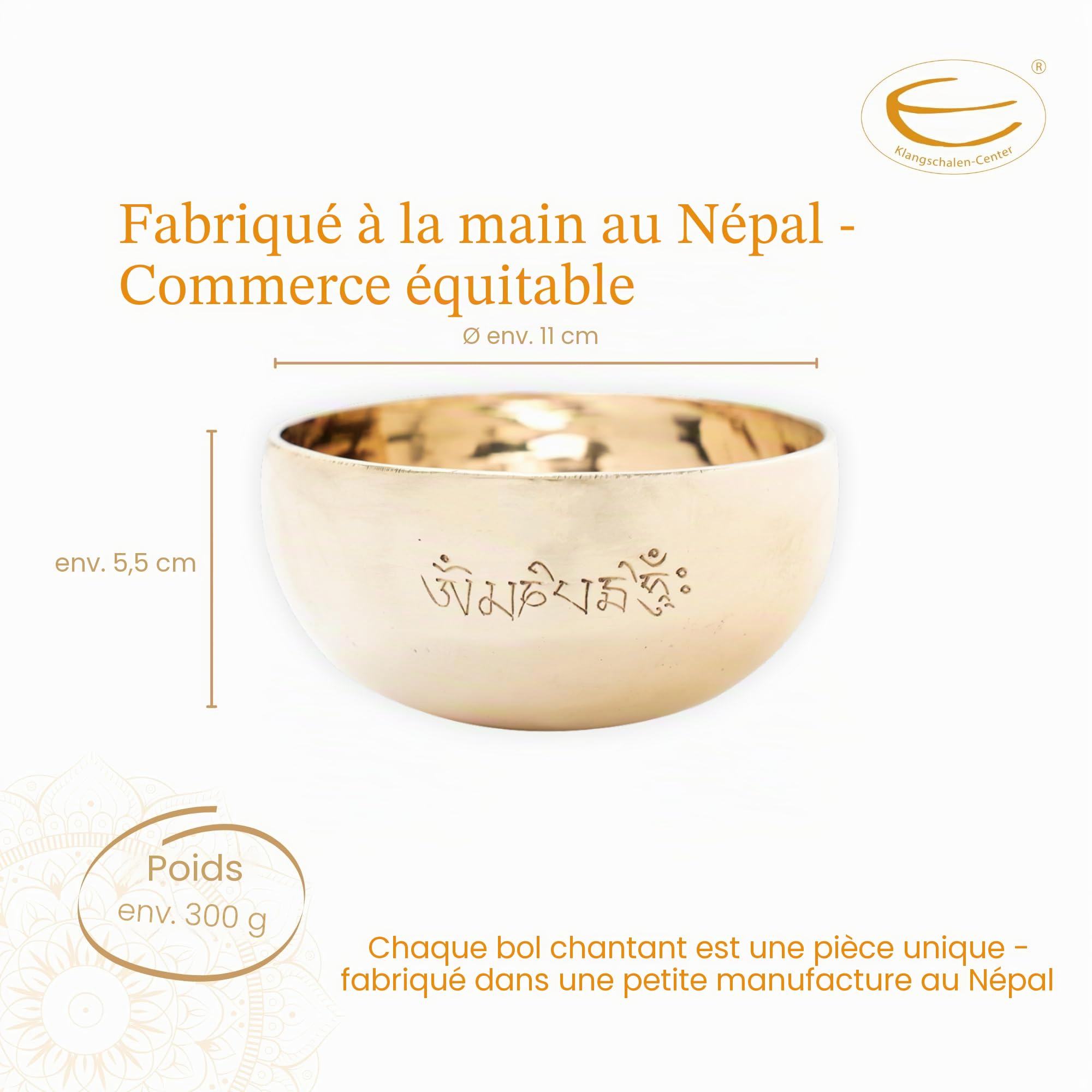 Bol chantant tibétain, 300 à 350 g, avec gravure Mantra, forgé à la main et poli miroir, pour la méditation, le yoga et la relaxation, commerce équitable du Népal, avec maillet et tampon en feutre