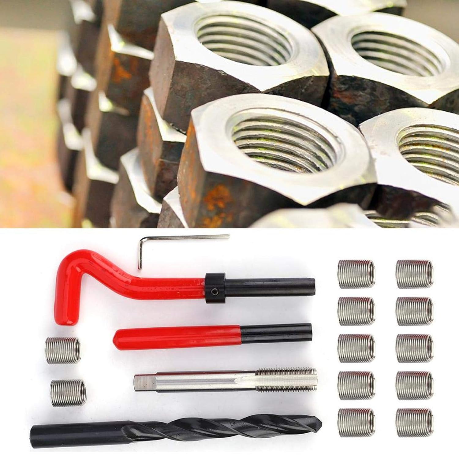 Jeanoko 17Pcs Thread Repair Kit x 1.25 Threaded Inserts Stainless Steel Twisted Drill Wrench Threaded Insert Tools Set for Automotive Repairing