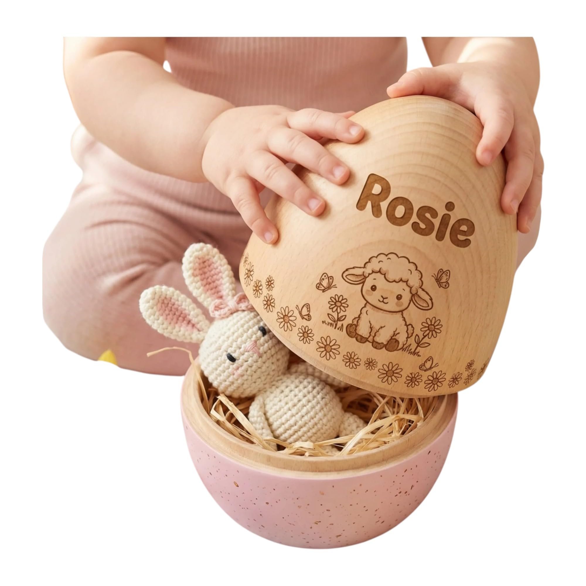 Personalized Bunny Floral Wooden Easter Egg with Name and Initial, Reusable Large Hollow Speckled Easter Keepsake, Basket Filler, Easter Gift for Kids — view 15