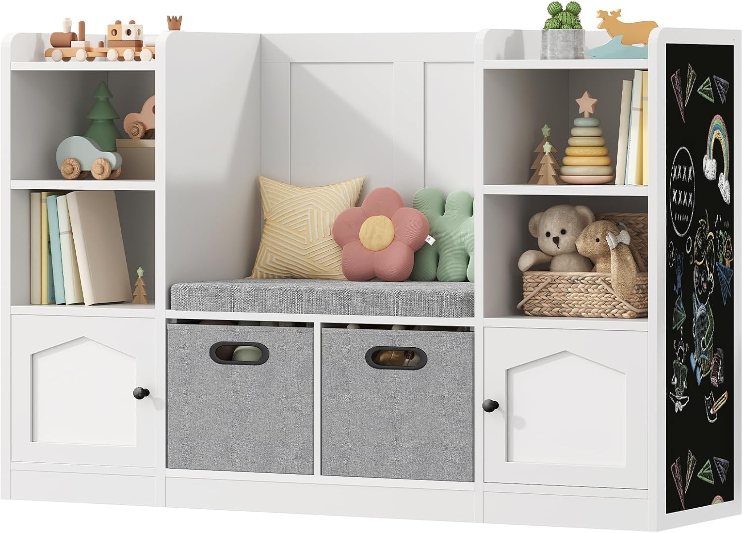 Toy Organizer and Storage, Kids Bookshelf with Seat Cushion and Chalkboard, 2 Movable Drawers, Toy Storage Box with Stuffed Animal Storage Cabinet for Kids Room, Playroom, White and Black - Image 6