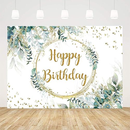 Miniatura 2 de AIBIIN Fondo de cumpleaños de 7 x 5 pies, decoración de fiesta de cumpleaños dorada, suministros de hojas de eucalipto verdes, purpurina dorada,