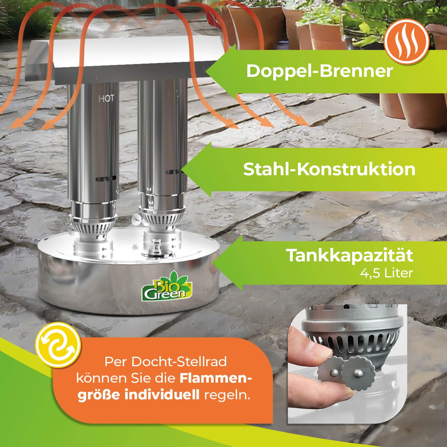 Bio Green Paraffin-Gewächshaus-Heizung WARMAX Power 5 aus Edelstahl | max. 600 Watt | für Gewächshäuser bis 5 m² | max. 3,5 Tage Brenndauer/Füllung