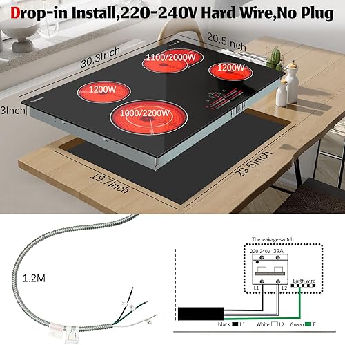 Miniatura 7 de Karinear Estufa eléctrica de 30 pulgadas, estufa eléctrica de 4 quemadores de 30 pulgadas de instalación integrada, 220 V 6600 W con control